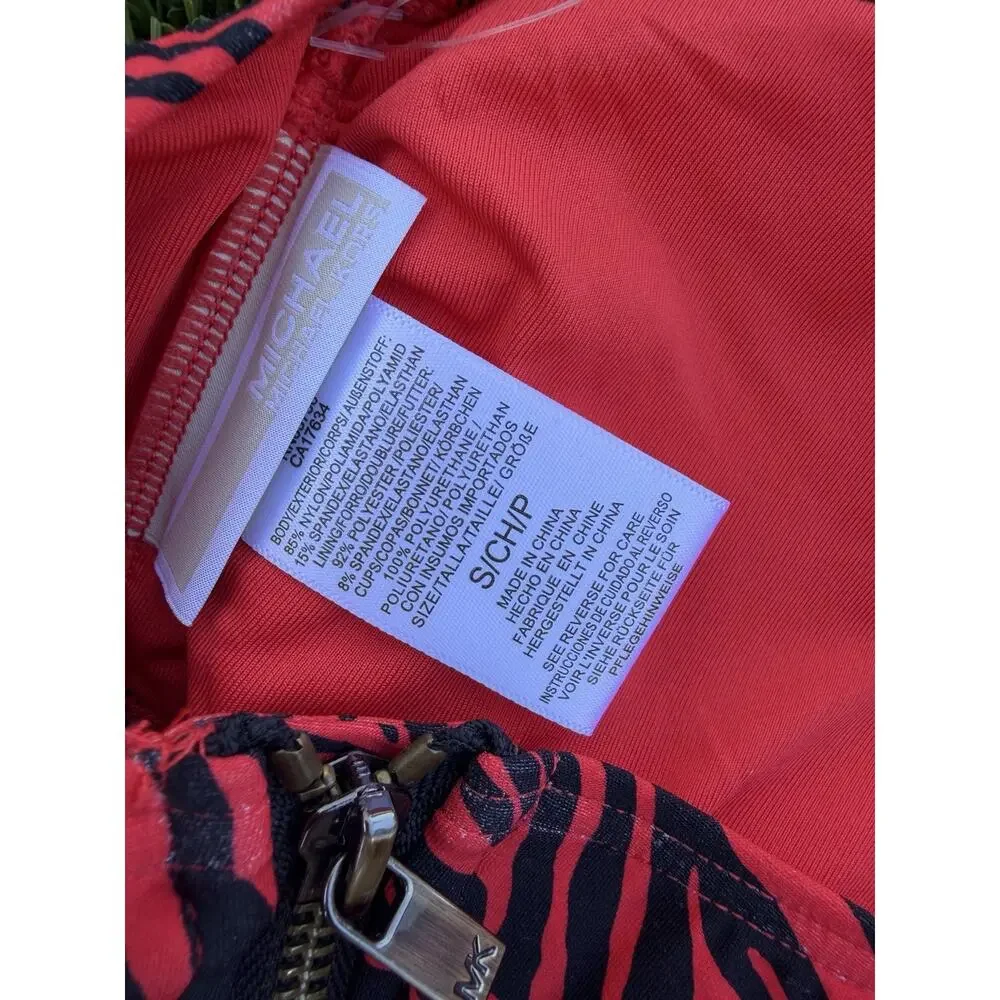 Michael Kors Swim Top Zebra Logo Zip Back Bandeau Removable Soft Cups Ruby Small